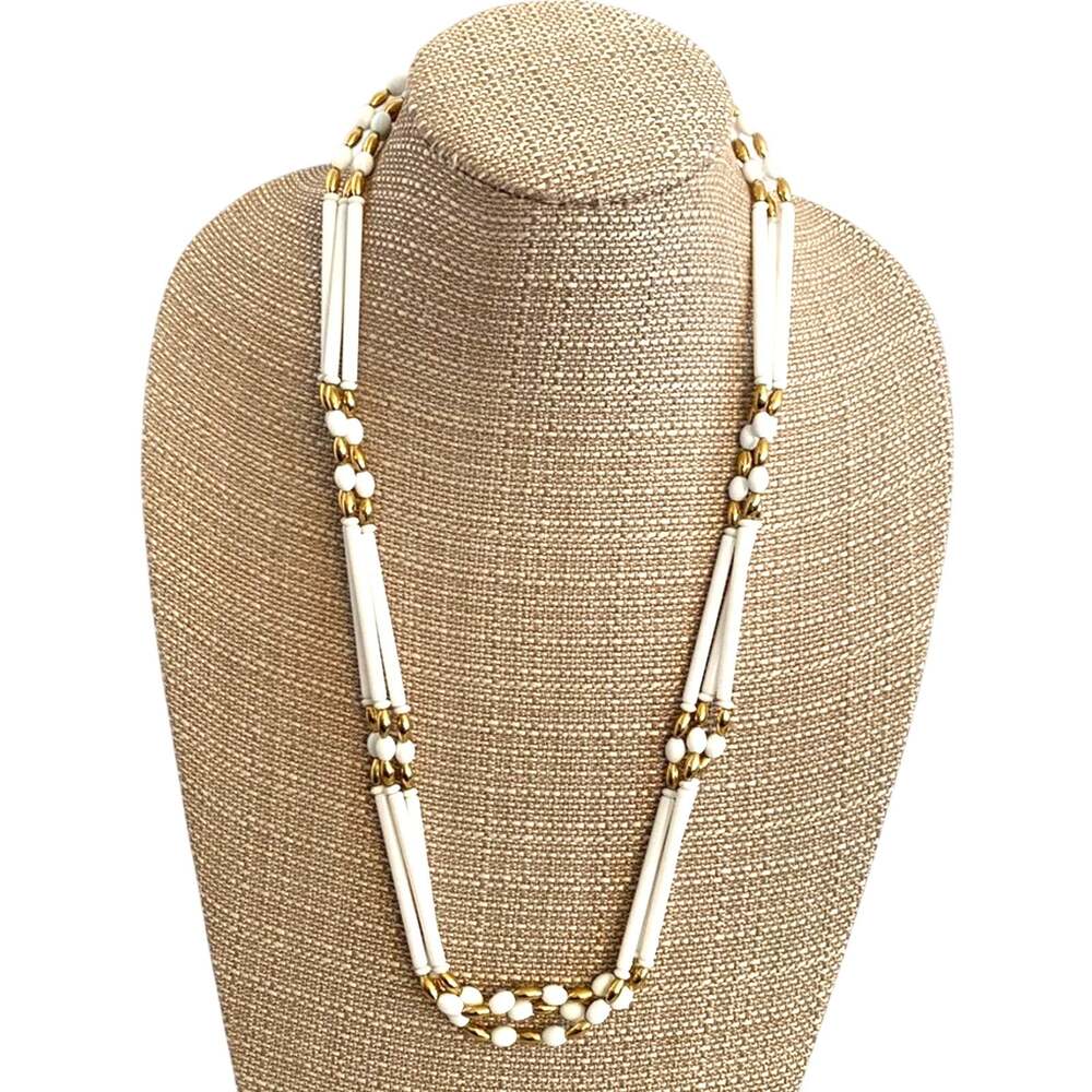 Vintage white & gold multi strand beaded necklace unique mod tubular Boho